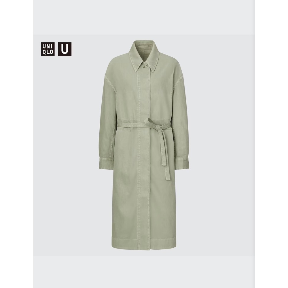 Uniqlo U Women Shirt Coat Green Sage Cotton Belted Long Jacket Small NWT